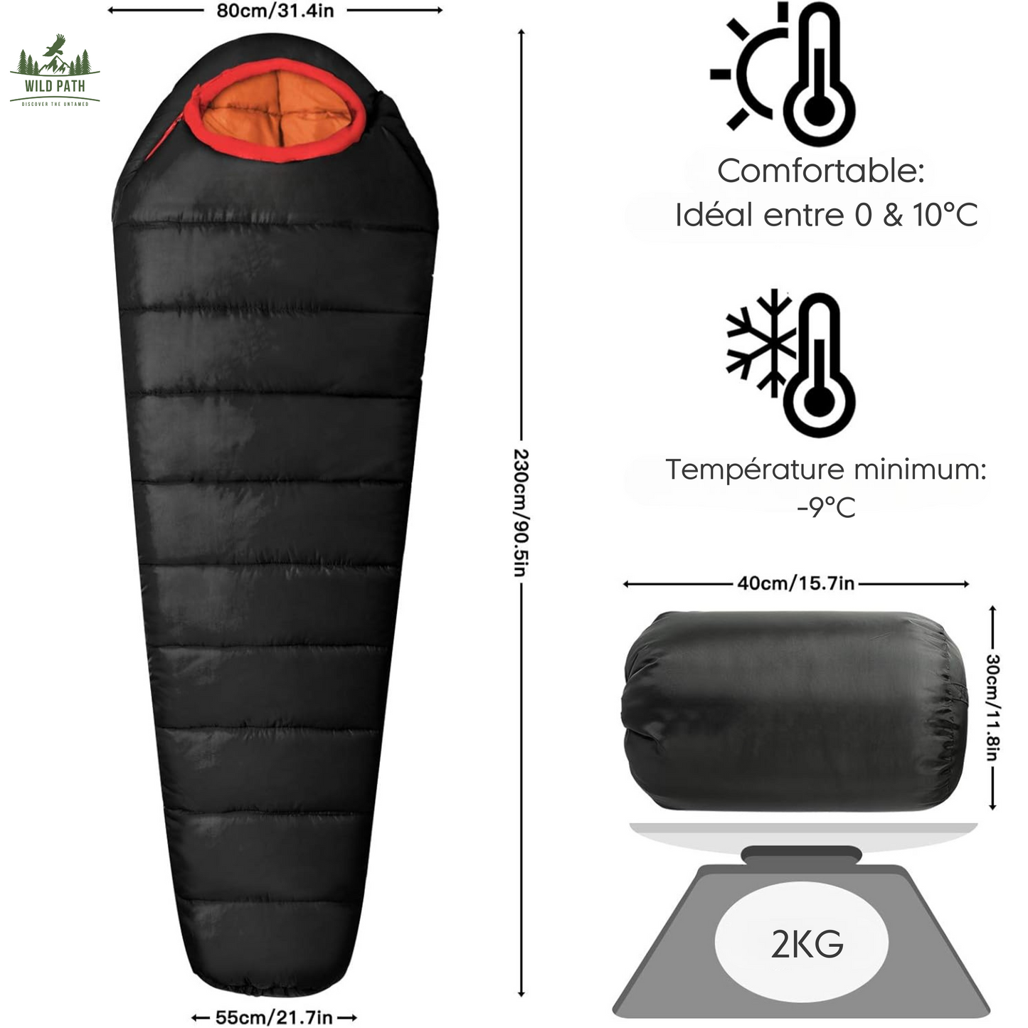 Sac de Couchage Momie Ultra-Isolant -10°C (1,5kg, 1kg de duvet, tissu 400T)