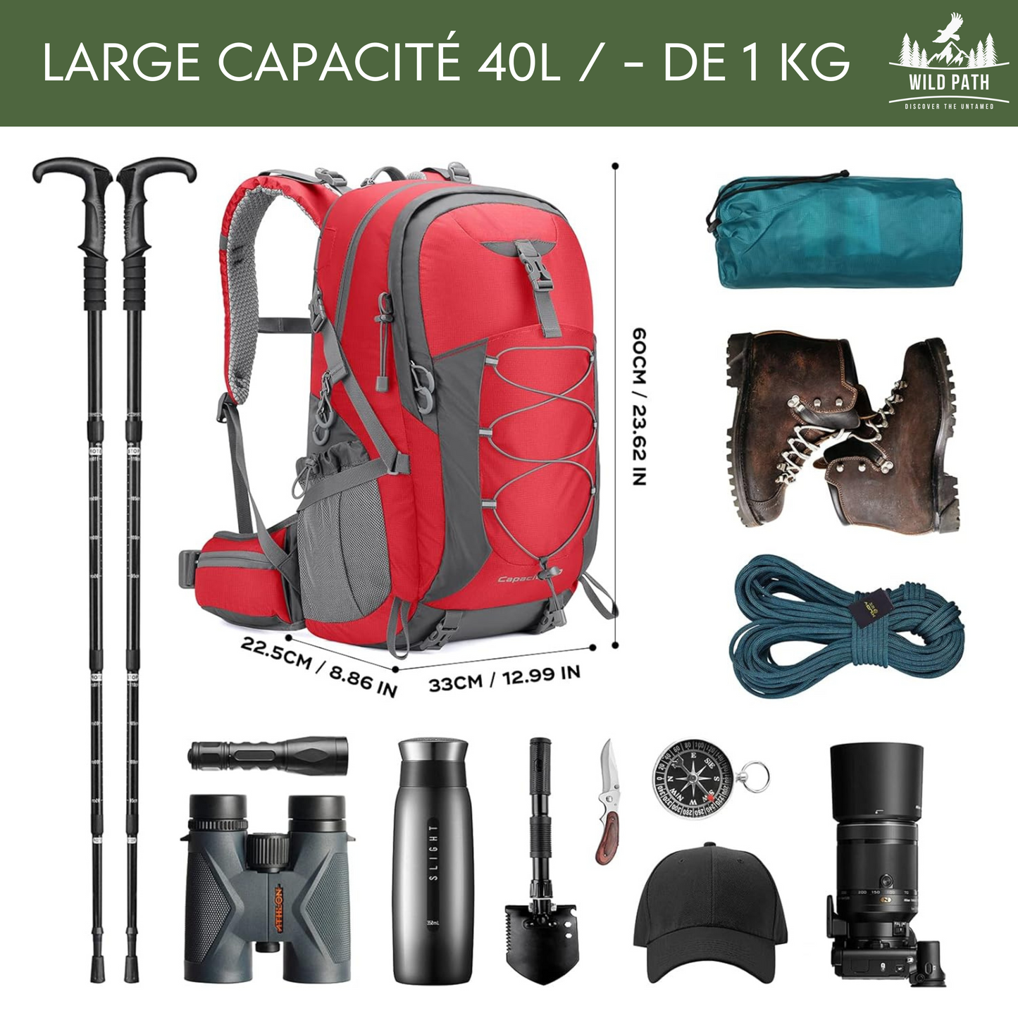 Sac à dos de randonnée 40L - Léger, Imperméable et Résistant