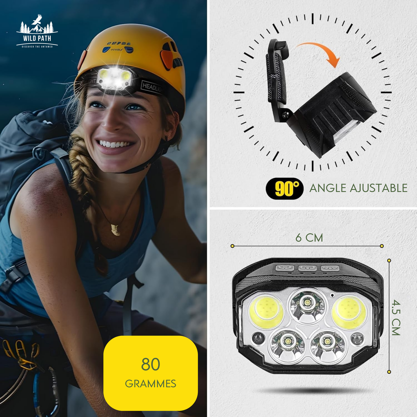 Lampe frontale rechargeable 1200 lumens avec capteur de mouvement
