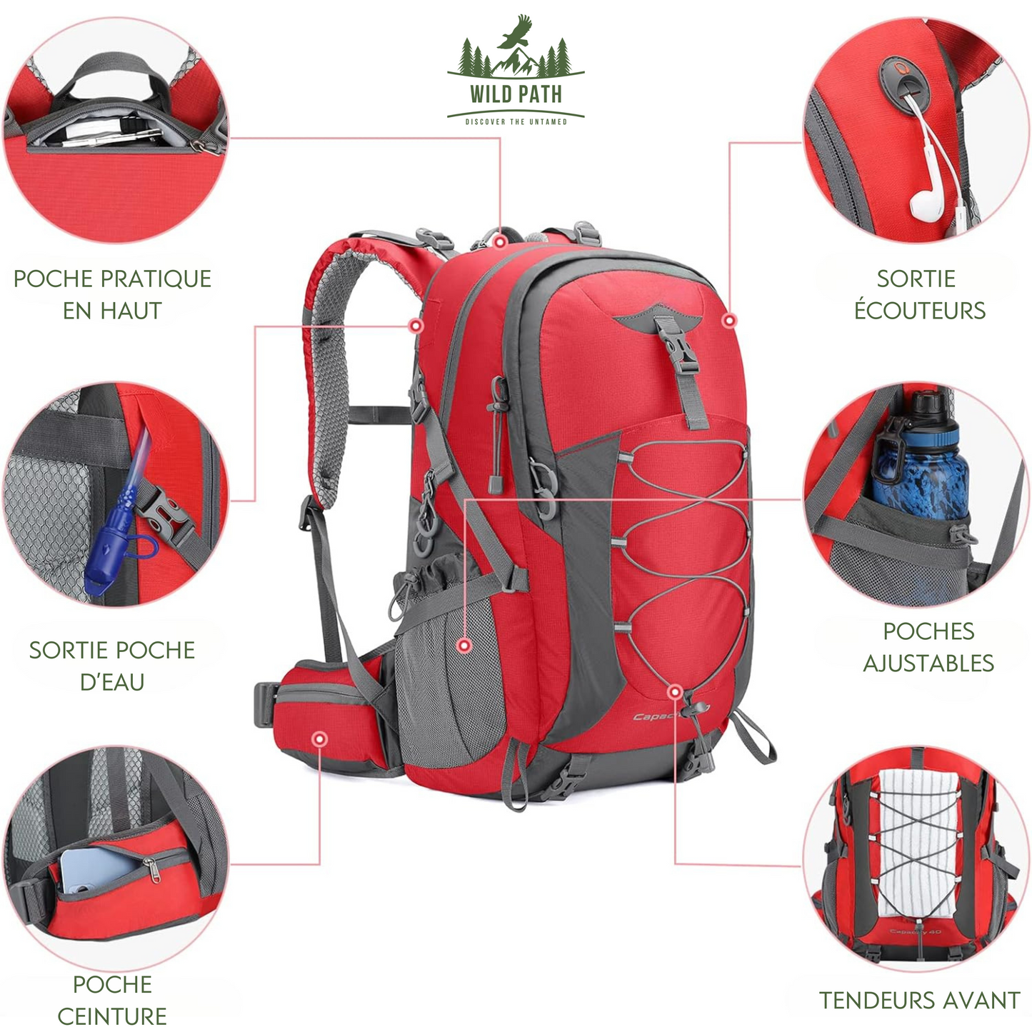 Sac à dos de randonnée 40L - Léger, Imperméable et Résistant